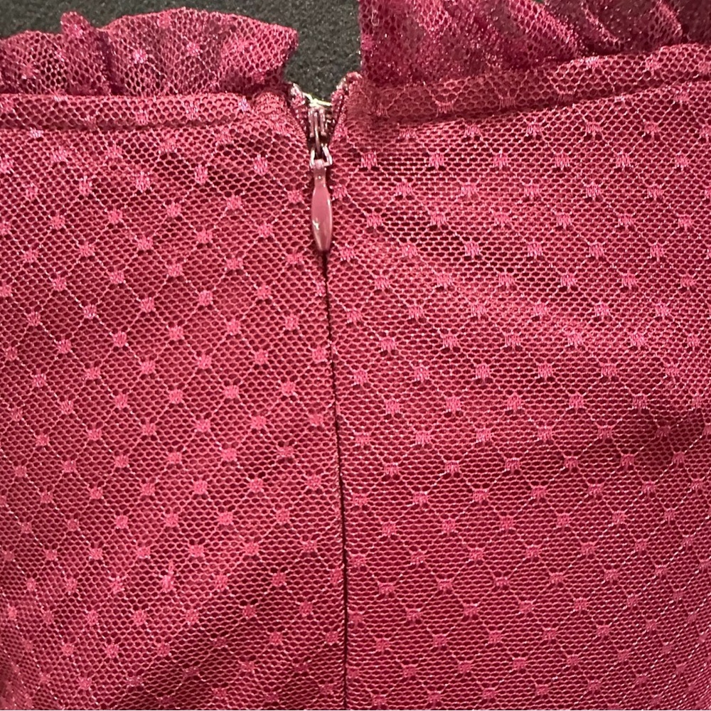 Lulus Sweet Amour Burgundy Tulle Swiss Dot Tiered Bustier  Midi Dress Size Large - Picture 9 of 13